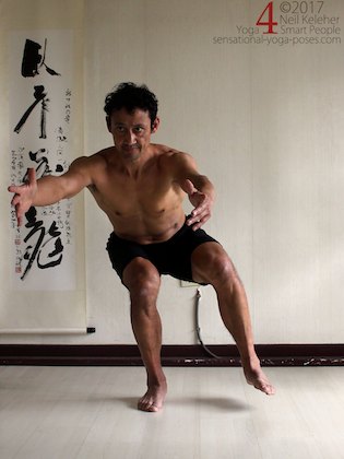 Learning the pistol squat, shifting weight to one leg in a thighs horizontal squat. Neil Keleher. Sensational Yoga Poses.