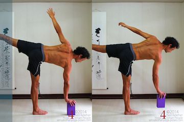If you are using a yoga block as a prop for half moon pose, I'd suggest holding it in the hand as you reach the hand towards the floor. Gradually reduce the height of the block as you get more comfortable with this exercise to the point that you no longer need the block. Another option, if you have trouble touching the floor, is to bend the standing knee.