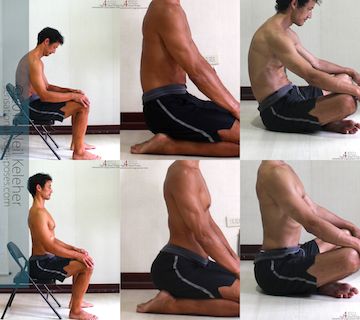Sitting in a Chair (top to bottom): spine relaxed, then spine bent backwards. Kneeling: spine relaxed then bent backwards. Cross Legged: Spine relaxed then bent backwards. 
