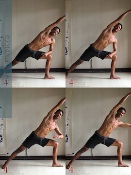 With forearm resting on the thigh, use the shoulder to press the arm down and the ribcage up. (In picture 1, shoulder is relaxed. In picture 2 the left shoulder is active and pushing the ribcage up.) Brace the leg prior to lifting the arm, then reach the arm out to the side. With the arms reaching out the side, weight is added to the pose. This makes the bent knee leg work harder.