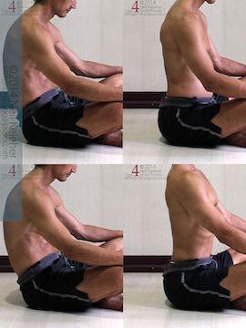 Seated Spine Backbends: Relaxed with spine bent forwards. Sacrum lifted and lumbar spine bent backwards. Sitting relaxed with spine bend forwards. Sacrum lifted with lumbar and thoracic spine bent backwards.