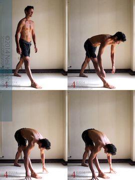 Parsvottanasana/Triangle Forward Folding Yoga Pose: Standing with one leg forwards and the other leg back with both knees straight: Slowly bend forwards and touch hands to the floor if possible. Then stand back up (not shown).