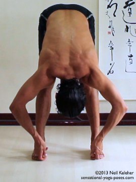 ashtanga yoga poses, standing yoga poses, padangusthasana, big toe pose. Back view. In this standing forward bend the feet are hip width apart and parallel. Knees are straight and the upper body is tilted forwards at the pelvis. The first two fingers and thumb of each hand are used to grab the big toes of both feet. Gaze is downwards towards the feet. Model, Neil Keleher, Sensational Yoga Poses.