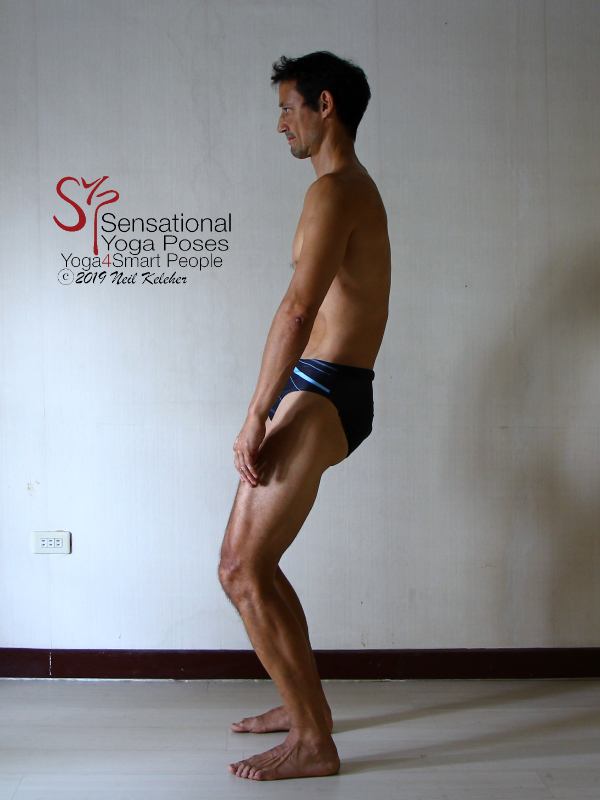 Standing with pelvis tilted back for a counter nutated sacrum. Neil Keleher, Sensational Yoga Poses.