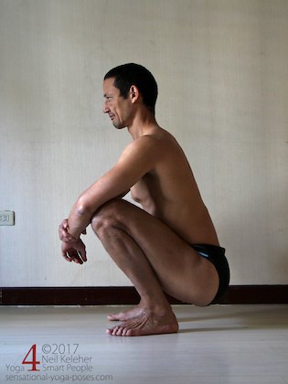 Deep squat, a forward bend for both hips with the knees bent. Neil Keleher. Sensational Yoga Poses.