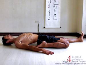 semi kneeling back bend/quad stretch (triang muka eka pada paschimottanasana option). Could also be called reclining half hero semi kneeling posture.