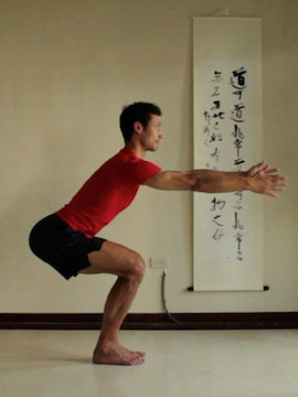 chair pose or utkatasana with arms reaching forwards