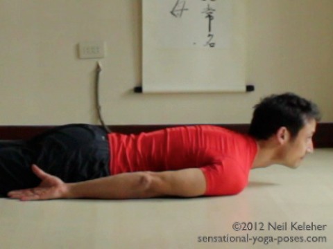 bending the neck back, locust pose with chest on floor