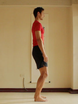 standing meditation pose, feet hip width, knees slightly bent, spine vertical