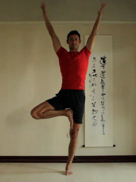tree pose, arms up and reaching