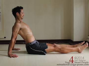 reverse plank, purvottanasana: starting position with spine bent backwards and shoulder blades retracted, hips still on floor. Neil Keleher, sensational Yoga poses.