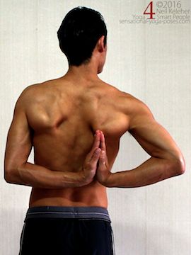 reverse prayer with hands to the side, prayer behind the back with hands to one side. yoga shoulder stretches