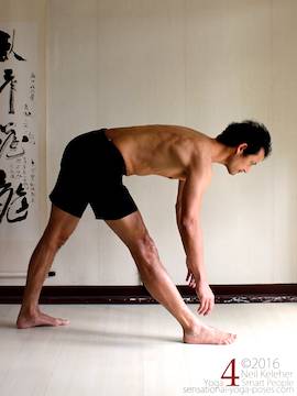 Revolved triangle preparation, pushing the hips back, neil keleher, sensational yoga poses.