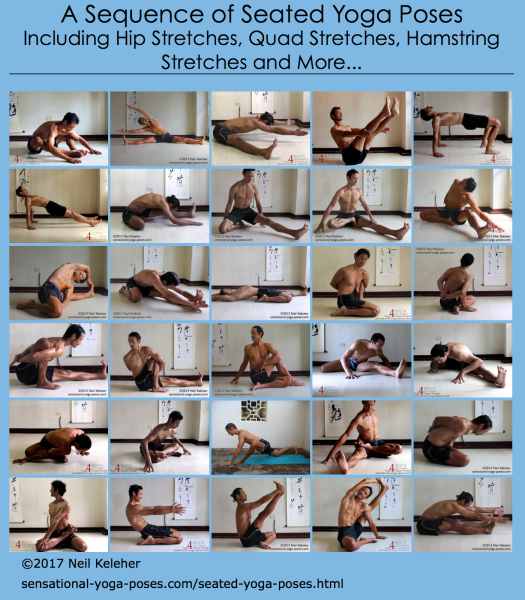 A sequence of seated yoga poses that work on the hips flexors, hip extensors, outer hips etc. Neil Keleher. Sensational Yoga Poses.