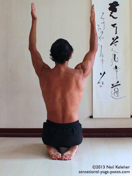 using serratus anterior muscle to protract shoulder blades with arms lifted and elbows slightly bent, end position.