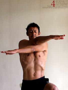 Outer shoulder stretch, crossing arms in front of chest with elbows straihgt,neil keleher, sensational yoga poses.