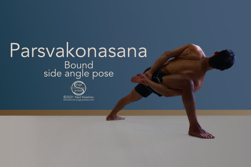 bound side angle pose, rear view. In this standing binding yoga pose both feet are flat on the floor. Left knee is straight and right knee is bent with thigh level. Right hand is reaching under the thigh to grab on to the left hand behind the back. The left side of the torso is twisting upwards so that chest is open towards the front. Model, Neil Keleher, Sensational Yoga Poses, 
