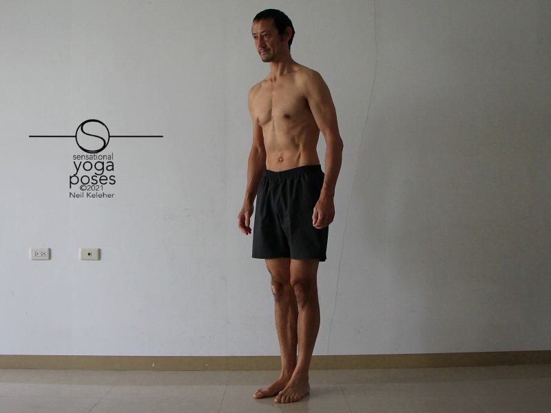 activating transverse abdominis by pulling the belly in while standing. Neil Keleher, Sensational Yoga Poses.