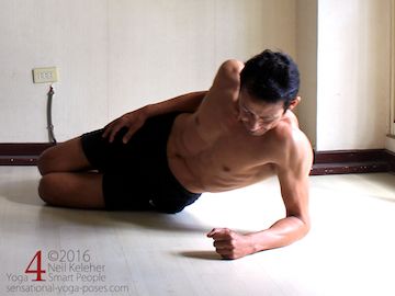 Side plank variations knees and elbow bent, preparation shoulder relaxed, neil keleher, sensational yoga poses.
