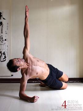 Side plank variations, knees and elbow bent, top arm reaching up, neil keleher, sensational yoga poses.