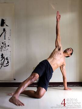 Side plank variations, elbow straight, bottom knee bent, top leg straight neil keleher, sensational yoga poses.