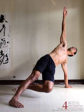 Side plank variations, elbow straight, bottom knee bent and lifted, top knee straight, neil keleher, sensational yoga poses.
