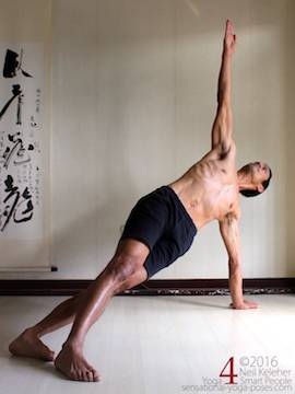 Side plank variations, hips lifted, bottom foot behind top foot, neil keleher, sensational yoga poses.
