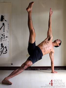 Side plank variations, bottom knee and elbow straight, top leg reaching upwards, neil keleher, sensational yoga poses.