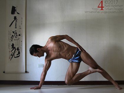 side plank with top leg on floor. Neil Keleher, Sensational Yoga Poses.