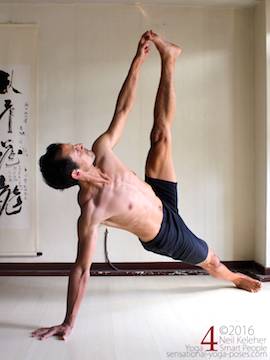 Side plank variations, knee and elbow straight, top leg lifted with big toe held, neil keleher, sensational yoga poses.