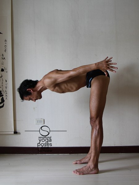 Standing forward bend with arms reaching back (in line with torso). Neil Keleher. Sensational Yoga Poses.