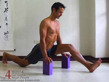Hip flexor stretches: upright splits with hands on blocks. Both knees are bent. Hips sink down to stretch the hip flexors of the back leg. Neil Keleher. Sensational Yoga poses