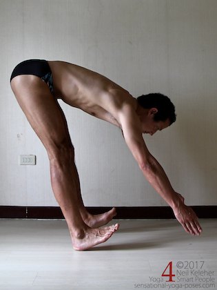 Balancing on heels in standing forward bend. Neil Keleher. Sensational Yoga Poses.