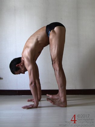 Standing forward bend with a calf stretch, forefeet lifted. Neil Keleher. Sensational Yoga Poses.