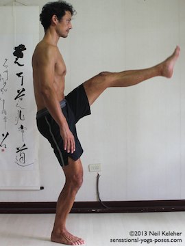 utthita hasta padangusthasana prepration, standing on one leg, other leg lifted