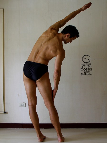 Anatomy of the lower back: Standing side bend with feet hip width, knees straight, hips over feet. Lower back and upper back (lumbar spine and thoracic spine) are both bending to the right with left arm reaching overhead. Neil Keleher, Sensational Yoga Poses.