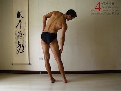 Standing Side Bend with hips pushed to the left and spine (lumbar and thoracic) bent to the right. Neil Keleher, Sensational Yoga Poses.