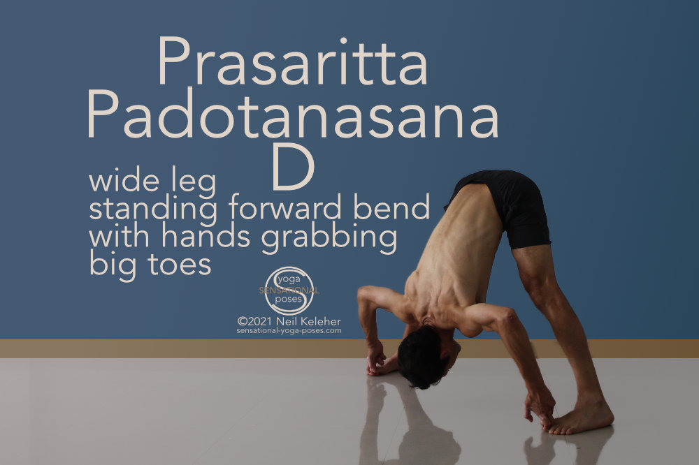 In this standing wide leg forward fold you grab onto the big toes with the first two fingers and thumb of either hand. To deepen the forward bend you can exert your hamstrings and glutes against your arm and shoulder muscles. Neil Keleher, Sensational Yoga Poses.