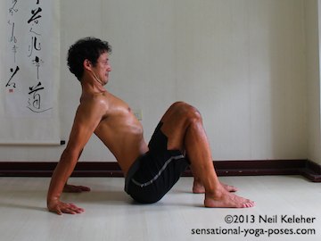 Scapular Stabilization, retracting the shoulders in easy table top to press the chest forwards and upwards. Neil Keleher. Sensational Yoga Poses.