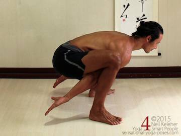 entering tittibasana by starting in a squat and reaching hands back