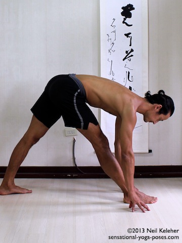 triangle forward fold with hands on floor, hamstring stretches, yoga for flexiblity, forward bending yoga poses, hamstring stretching yoga poses