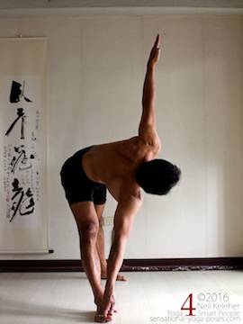 triangle pose, utthitta trikonasana while holding big toe. Neil Keleher. Sensational Yoga Poses.