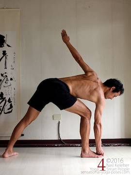 triangle pose, utthitta trikonasana while holding big toe with knee bent Neil Keleher. Sensational Yoga Poses.