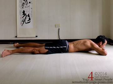 makrasan or crocodile resting posture with chin resting on hands. Neil Keleher sensationa yoga poses.