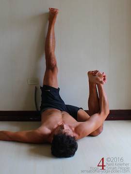 Supine Yoga poses, supine happy baby pose, neil keleher, sensational yoga poses.