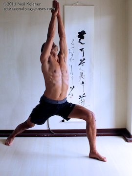 warrior 1 yoga pose, three quarter front view