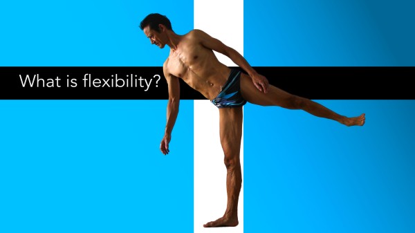 What is flexibility. This picture shows neil keleher doing half moon pose against a blue background. The muscles of the standing leg are engaged with torso angled slightly above the horizontal. The botto hand is lifted. The top hand rests against the lifted thigh. Both feet (and their toes) are active. Gaze is directed downwards. To go deeper into the pose, control of the hip joint is required. The deeper into the pose you can go while maintaining control, the better your flexibilty. Neil Keleher, Sensational Yoga Poses.