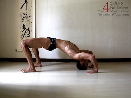 Wheel pose prep position, hips lifted, spine bent backwards, crown of head on floor. Neil Keleher. Sensational Yoga Poses.