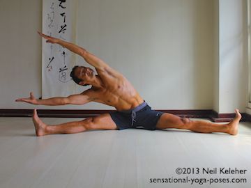 One option for a seated side bend is to sit with legs wide, knees straight and bend to one side. In this case both arms are reaching past the head adding weight to the stretch. Neil Keleher. Sensational Yoga Poses.